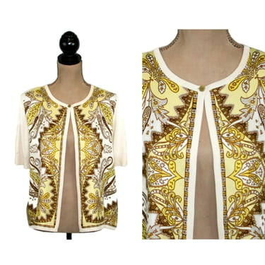 M 90s Y2K Short Sleeve Cardigan Petite Medium, Thin Lightweight Satin Baroque Print + Silk Knit Sweater, Womens Vintage Clothing by TALBOTS 