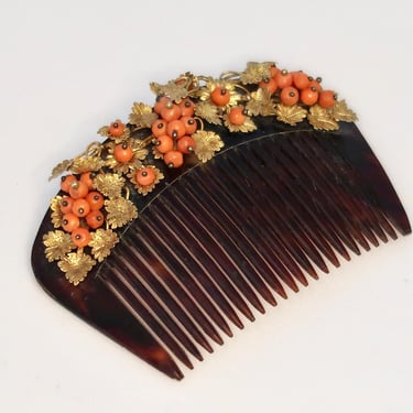 Antique Payneta 8K Gold Vine & Coral Grape Clusters - Philippine Hair Comb 