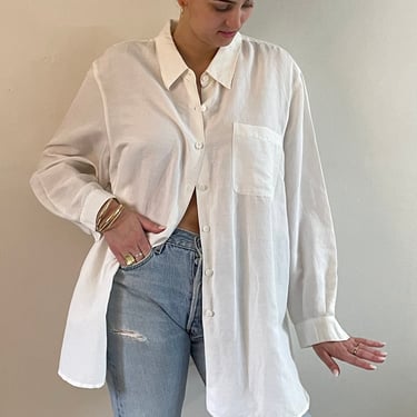 90s white blouse / vintage white ramie oversized capsule wardrobe tunic pocket over shirt blouse  | Extra Large 1X 