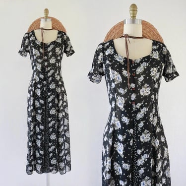 sheer chiffon dark floral dress - s/m - vintage 90s y2k 1990s womens black flower polka dot romantic cottage grunge maxi dress 