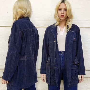 Vintage 80s Styleworks Faux Blue Jean Belted Waist Mid Length Silk Jacket S 