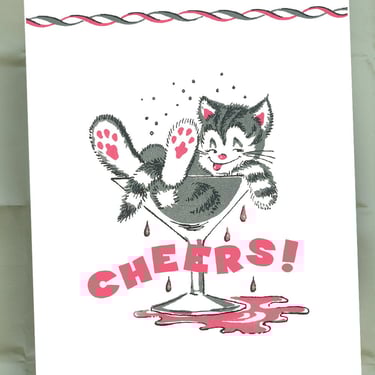 CHEERS Cat Cards, Tipsy Kitty, Vintage Illustration of Cat in Martini Glass, Cat Lover Notecards, Crazy Cat Lady, Set of 20 
