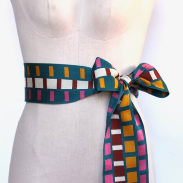 SALE - Vintage Double Weave Combed Cotton Sash Belt with Fringe - Multi Color Geometric Pattern Waist Belt 