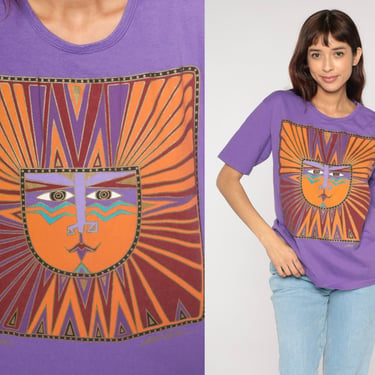 Laurel Burch T Shirt 90s Purple Sun God Shirt Retro Graphic Tee Boho Hipster Art Print Bohemian Hippie Tshirt Vintage 1990s Medium 