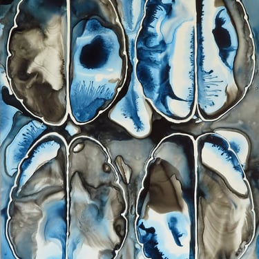 Brain Scan in Indigo and Black - Neuroscience Art 