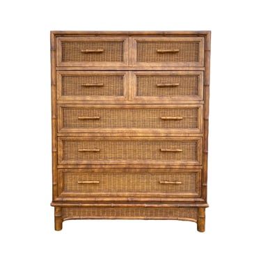 Vintage Hollywood Regency Tallboy Dresser Chest by American of Martinsville with 5  Drawers, Faux Bamboo Wood & Rattan Wicker Coastal Style 