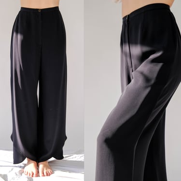 Vintage 90s Giorgio Armani Black Silk Wide Leg Pants w/ Palazzo High Slit Hem | Made in Italy | 100% Silk | 1990s Armani Designer Slacks 