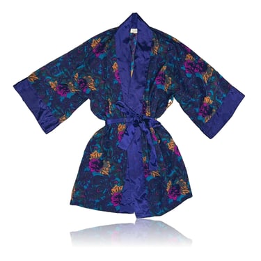 90s Victoria's Secret Teal and Purple Floral Paisley Satin Kimono // Satin Robe // One Size 