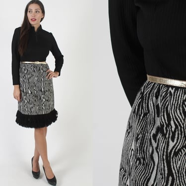 60s Mod Black Fringe Party Dress, Zebra Animal Print Pencil Skirt, Vintage Zip Up Neckline, Avant Garde Yarn Hem Cocktail Frock 