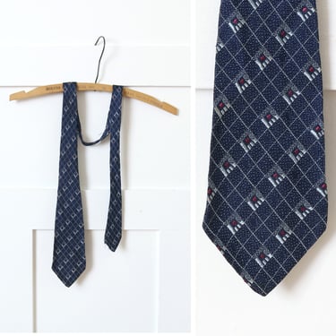 vintage 1930s 40s jacquard necktie • dark blue woven squares & flecked Haband Cravat tie 
