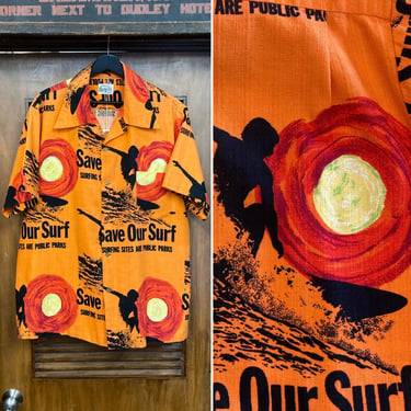 Vintage 1960’s Size XL Surfing Surf Pop Art Barkcloth Tiki Hawaiian Shirt, 60’s Camp Collar, Vintage Clothing 