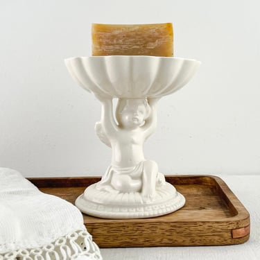 Vintage Avon Cherub Soap Trinket Dish, Small Off-White Ceramic Pedestal Bowl with Cherub, Pedestal Ring Dish 