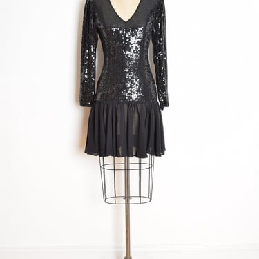 1980s Vintage LA GLO Black Sequins and Satin Formal Dress / Cocktail Dress  / Prom Dress / Goth 