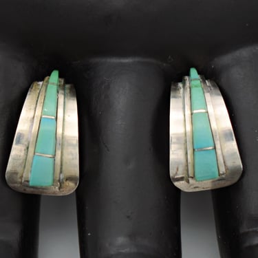 Vintage L.A. Charlie sterling turquoise half hoop earrings, tapered Native American 925 silver stud dangles 