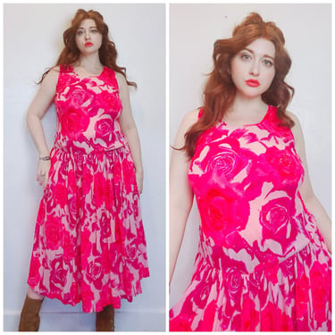 1990s Hot Pink Rose Print Rayon Sundress / 90s Neon Floral Drop Waist Smock Dress / Medium 