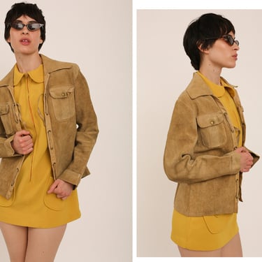 Vintage 1969 60s 70s Tan Suede Leather Woodstock San Francisco Merlin Feather and Lace Works Hippy Bohemian Jacket Coat 
