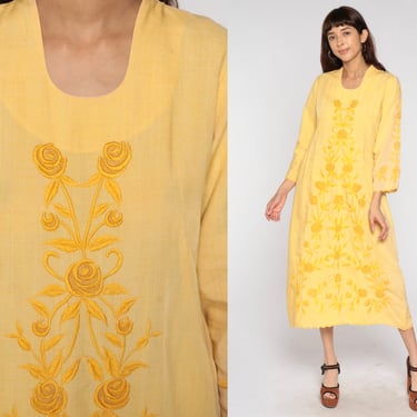 Floral Embroidered Dress 70s Boho Dress Yellow Midi Long Sleeve 1970s Hippie Bohemian Shift Festival Vintage Embroidery Small Medium 