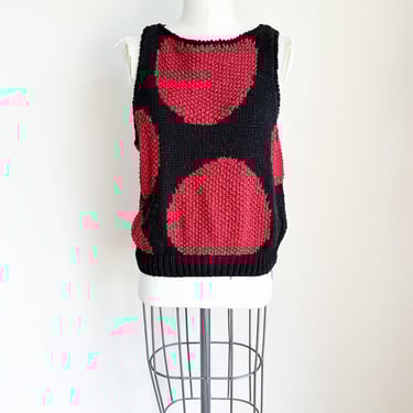 Vintage 1980s Red & Black Large Dotted Knit Cotton/Linen Top // M 