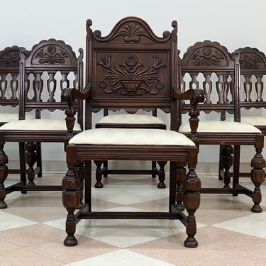 Jacobean Style Dining Chair Carved Oak / Great For Wine Cellar ~ Set Of 6 