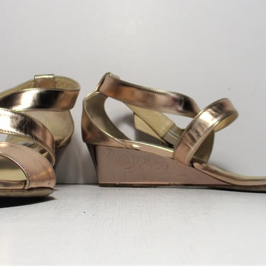 Vintage Jimmy Choo Rose Gold Leather Sandals, Size 38 1/2 Women, wedge heel 