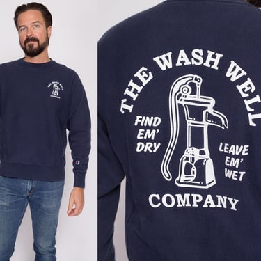 Medium Champion Reverse Weave "The Wash Well Company" Sweatshirt | Y2K Navy Blue Funny Graphic Crewneck 