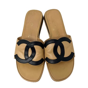 Chanel Tan + Black Leather Logo Sandals