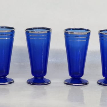 Cobalt Blue Glass Silver Striped Set of 4 Footed Shot Glasses Small Cups 3510B