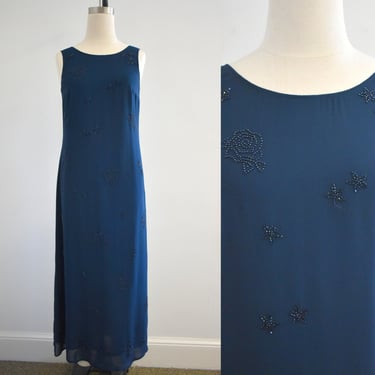 1990s Laura Ashley Navy Beaded Chiffon Maxi Dress 