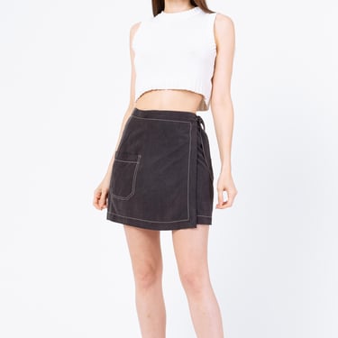 Vintage Y2K Slate Grey Silk Mini Wrap Skirt - Extra Small | High Waisted A Line Contrast Stitch Minimalist Pocket Miniskirt 