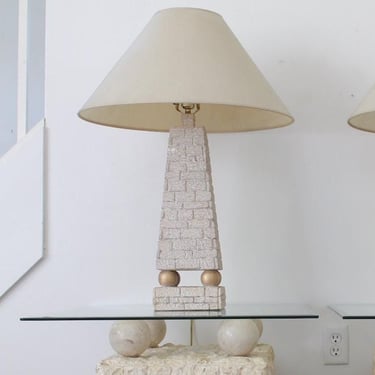Vintage 80's Plaster Table Lamp, Postmodern Faux Stone Pyramid Orb Lamp 