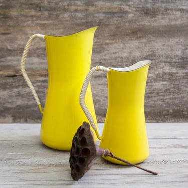 Vintage Dansk Kobenstyle Large Yellow Enamel Pitcher Dansk Kobenstyle Enamel Rattan Handles Mid Century Modern 1950s 