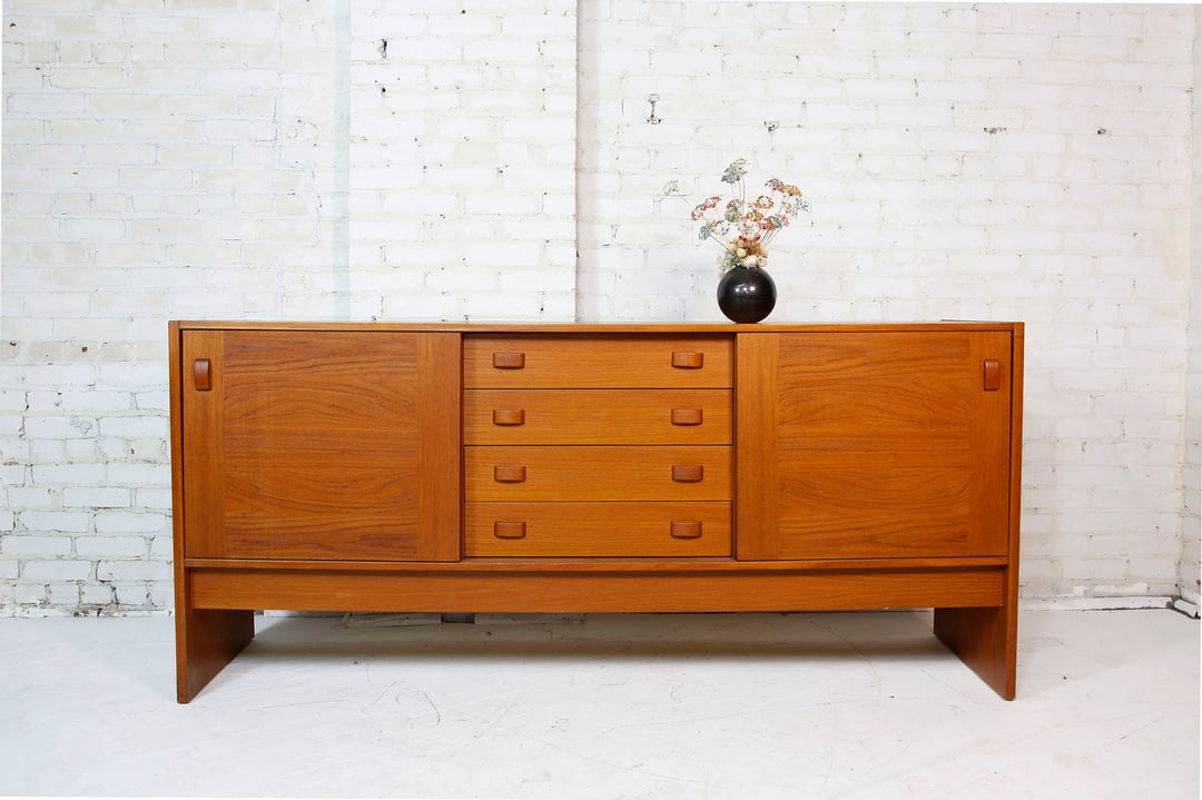 Vintage MCM Danish teak credenza w sliding doors and 4 drawers Omasa