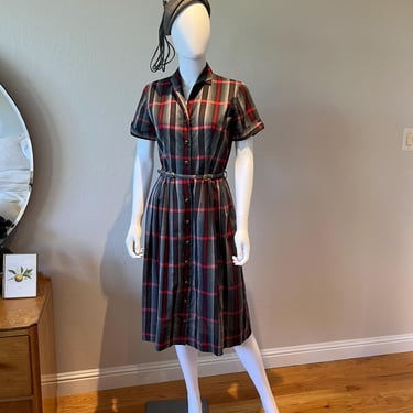 4 Star Dressing - Vintage 1950s Slate Grey & Red Plaid Cotton Day Dress 