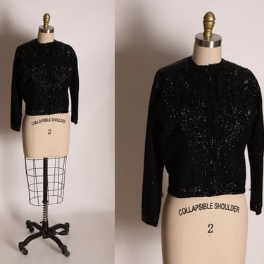 1950s Black 3/4 Length Sleeve Metal Hook Closure Sequin Covered Sweater Cardigan by Nine Dragons Sweater House -L 