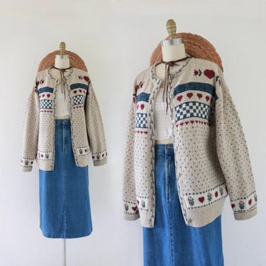 wool hearts cardigan - l - vintage 90s Eddie Bauer heart cute cottage cottagecore fair isle beige long sleeve womens sweater size large 