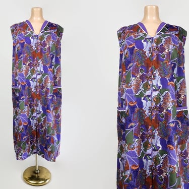 VINTAGE 60s 70s Bold Floral Op-Art House Dress With Hip Pockets | 1960s Plus Size Volup | 1970s Zip Front Smock Dress 