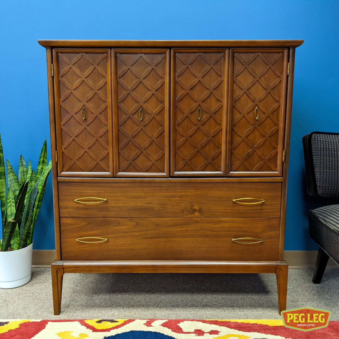 MidCentury Modern walnut highboy dresser with lattice accents Peg