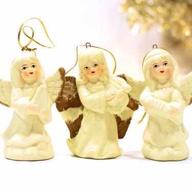 VINTAGE: 3 Christmas Bisque Porcelain Angel Ornament - Musical Angels - Christmas Holiday - SKU wall-00011266 