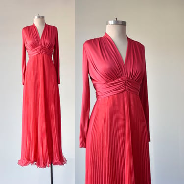1970s Bright Pink Chiffon Gown / 1970s Prom Dress / 1970s Pink Prom Dress / 1970s Pink Maxi Dress / Vintage Maxi Gown 