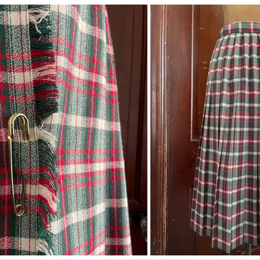 Susan Bristol ‘New Traditions’ pleated kilt | Christmas holiday, wrap, silver kilt pin, preppy, tomato red & muted forest green, 6 petite 