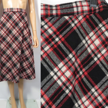 Vintage 70s Black Red And White Plaid High Waist Full Midi Skirt Made In USA Size 25 Waist 