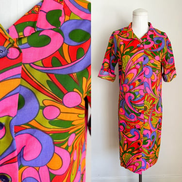 Vintage 1960s Neon Rainbow Psychedelic Shirt Dress / S 