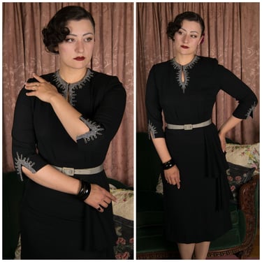 1940s Dress -  Chic Vintage 40s Black Rayon Beaded Cocktail Dress with Keyhole Neckline and Three Quarter Sleeves 