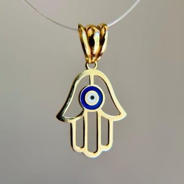 Vintage 18K 750 Yellow Gold Blue Enamel Hamsa Evil Eye Good Luck Charm Pendant 