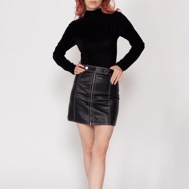 XXS-XS 90s Black Leather Zip Up Leather Mini Skirt | Vintage High Waisted Contrast Stitch A Line Miniskirt 