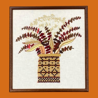 Vintage Floral Crewel 1970s Retro Size 23x22 Bohemian + Red Eucalyptus + Leaves + Women Basket + Embroidery + Home Decoration + Wall Decor 