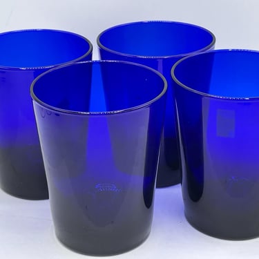 Vintage set of (4) Cobalt Blue Glass Cocktail Rocks- Double Whiskey Scotch Old fashioned  drinking glasses 12 Ounce 