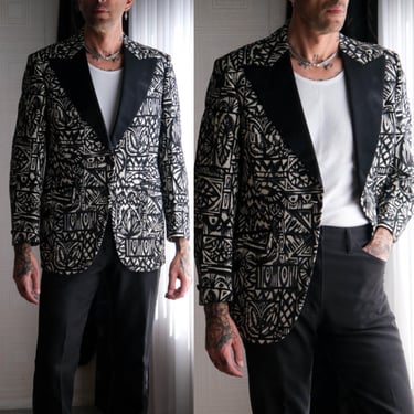 Vintage 60s DELTON for Liebermann & Rind NYC Black Tapestry Satin Wide Lapel Tuxedo Blazer | Made in USA | 1960s Designer Smoking Jacket 