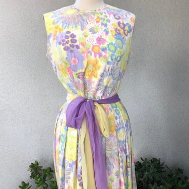 Vintage Mid century Summer Dress pastels pink lilac yellow floral  pleats chiffon sash by Sacony sz S/M 