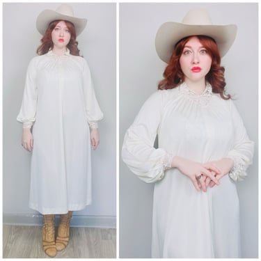 1970s Vintage Cream Nylon Lace Collar Midi Dress / 70s Soft Prairie Knit Romantic Gown / Medium - XL 